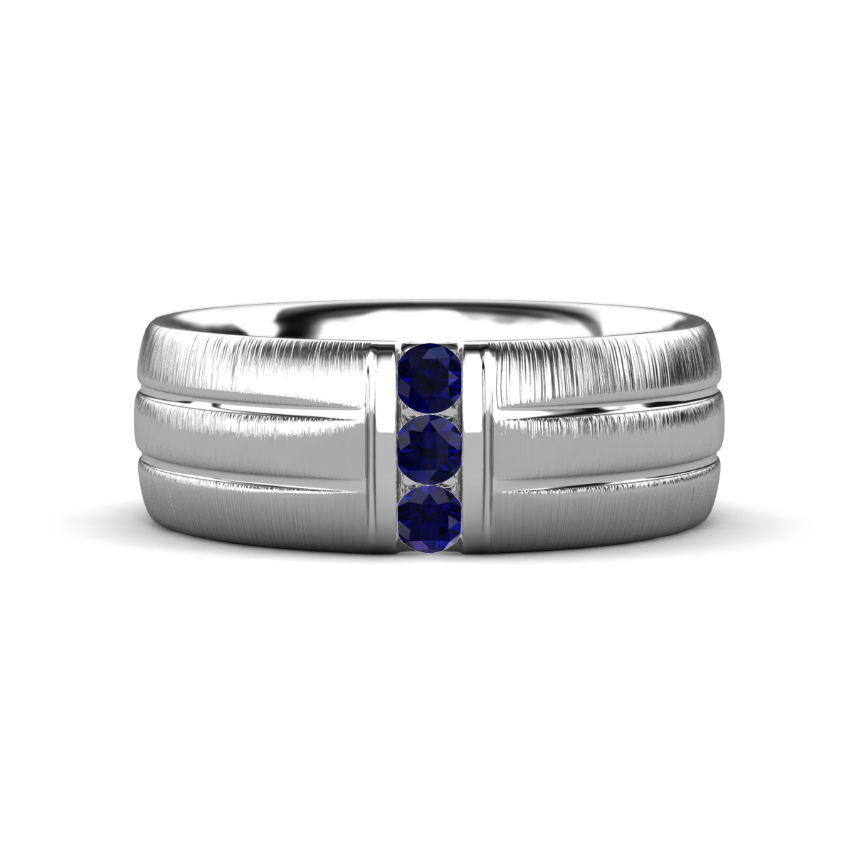 LeBron Round Blue Sapphire with Brushed and Polished Finish Three Stone Men's Wedding Band (8 mm) 